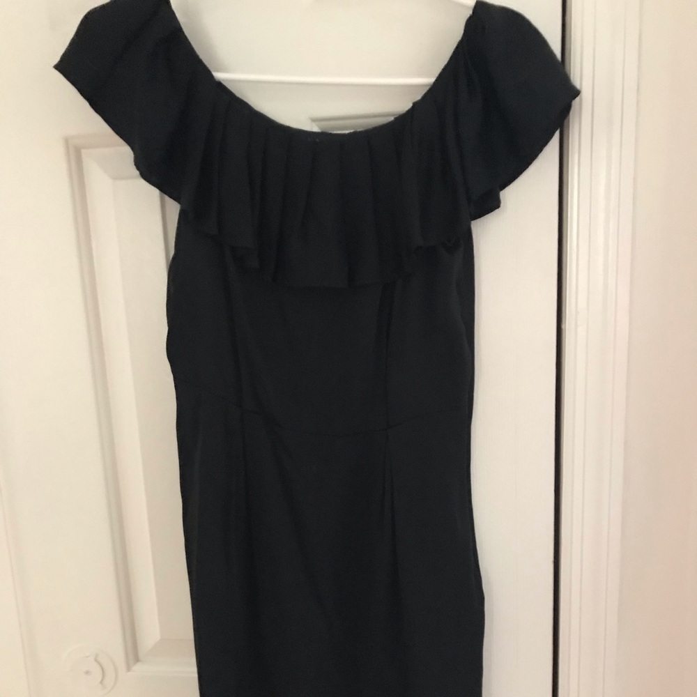 Ruffle off shoulder black silk dress